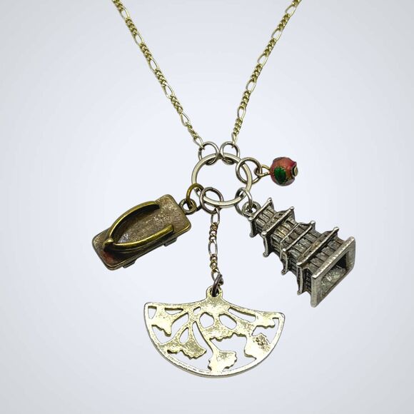 VTG Charm Necklace Asian Theme Mixed Metal Pagoda Geta Sandal Fan Cloisonne Bead - Picture 9 of 9